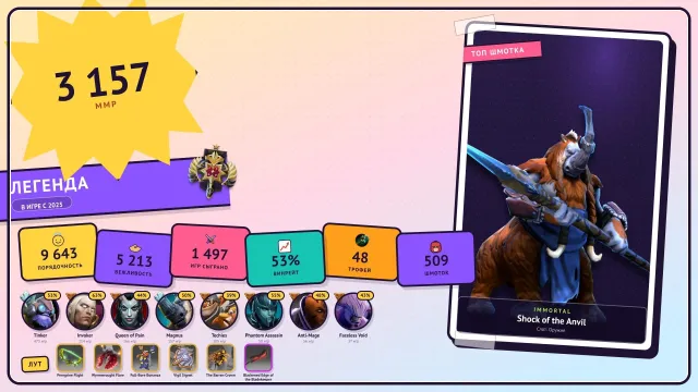 🏆48 level | 💎 DOTA+ Tiers Magnus 6 LVL | ❤️1497 matches | 🔓MAINPOOL | 📊9643 integrity | 🎮3157 mmr, Sale, 3157 MMR, 9643 integrity, 5213 politeness, 1497 matches, 1497 hours