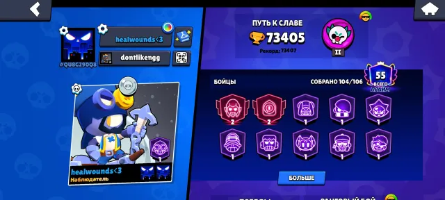 One of the best accounts, has a lot of rare skins, gold and silver), 73405 trophies, 104 brawlers, 55 primes