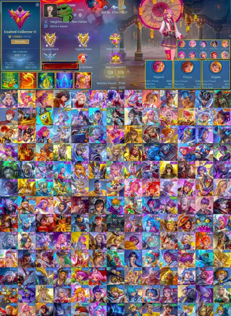 👑 Lunox Legendary 💎 Floryn Collector ⛩️ Kagura Exorcist 🔥Vexana ASP 🦁 Lylia NeoBeast 🃏 Ceci Hisoka, Продажа, Ранг: Мифический Бессмертный, Уровень: 73, Процент побед: 55%, Герои: 129, Облики: 376