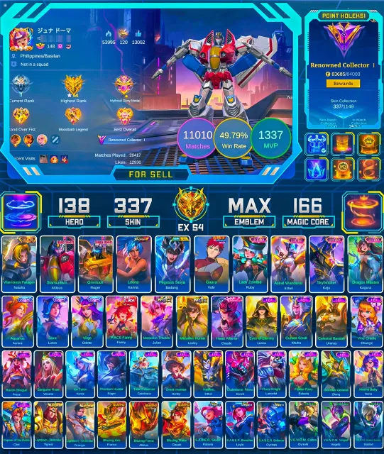 TRANSFORMER ALDOUS | Hero 138 - Skins 337 | More Details Check Screenshot | Moonton Login, Продажа, Ранг: Мифическая слава, Уровень: 178, Процент побед: 49%, Герои: 138, Облики: 337