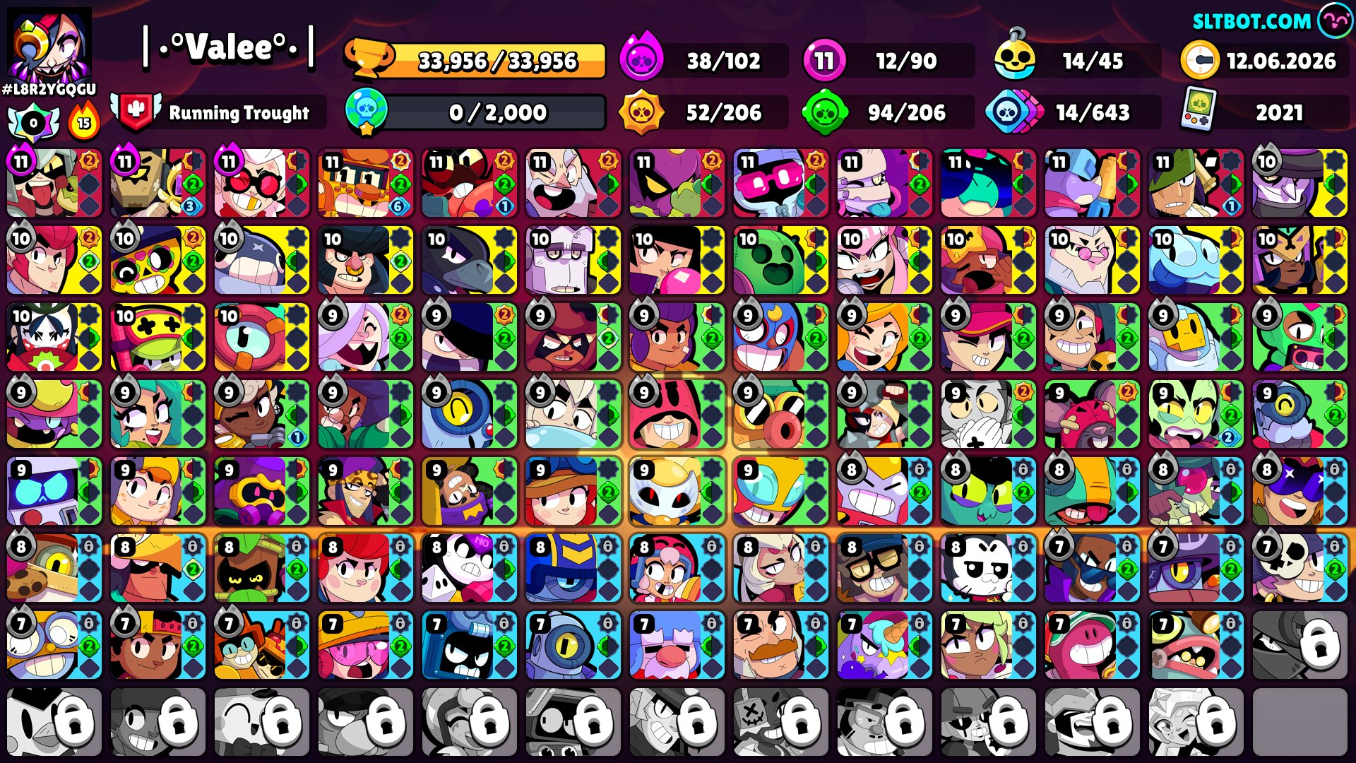 ⎛⎝ 🏆33956🏆⎠⎞⎧👤90/103👤⎫⎧⚔️2-ULITRA+11-LEG⎫⎧💸4 BP+⎫⎧🎭4 PRIME⎫⎧🕰️2021⎫⎧🥋223 SKINS⎫, trophies 33956, brawlers 90, primes 4