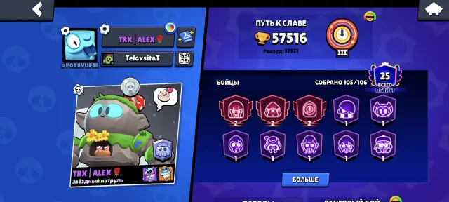 Account since 2020, has many old and new skins, a lot of Brawl Pass purchased, selling urgently!, 57000 trophies, 105 brawlers, 25 primes