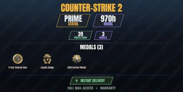 【CS2 Prime💎970h🎯3 medals】【RUST】 Service Medal 2016, Loyalty Badge, 5 Year Veteran Coin, For Sale, With Inventory, Has PRIME