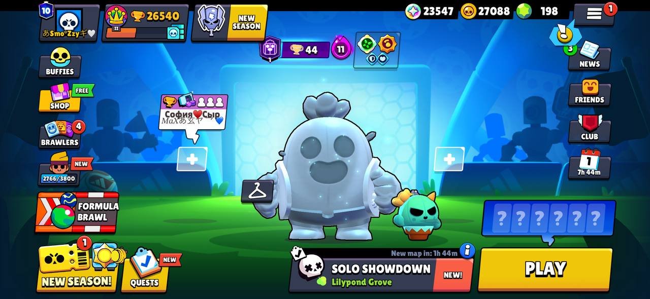 26k 🏆, 78 brawlers + Kaze, 11 leg, 15 11 strength + 14 hyper, 198 gems + 27k coins, 180 skins, trophies 26000, brawlers 78