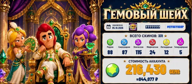 🟪73.140🟪50-11power🟪account value 216.430 gems🟪331 skins🟪All brawlers🟪, 73180 trophies, 107 brawlers, 53 primes