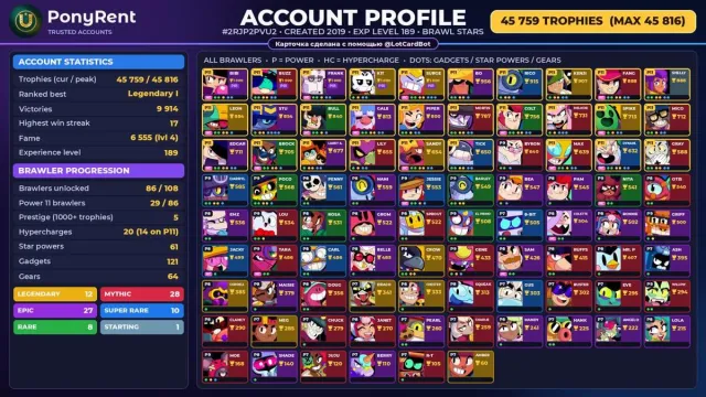 🦄 【BRAWL STARS】 🌸 45 759 CUPS | 86 BRAWLERS | 12 LEG.: Amber · Chester 🌸 FULL ACCESS #4ELOPD, 45759 cups, 86 brawlers, 6 primes
