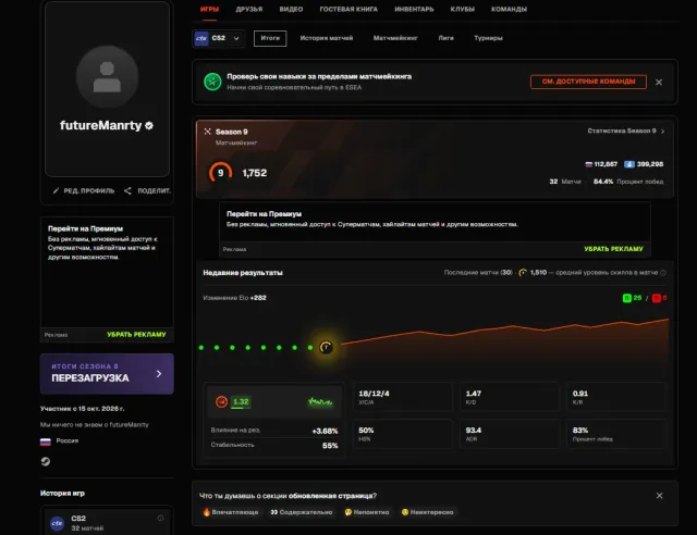 🖤 FACEIT 9 LVL 🖤 PRIME 🖤 32 MATCHES 🖤 1752 ELO 🖤 VERIFIED 🖤 NATIVE MAIL 🖤 1000 FP, Sale, Inventory empty, Has PRIME, FACEIT, 1752 ELO, Registered: Yes