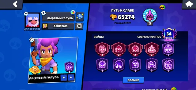 Account from 2019, has rare pins, 65000 trophies, 103 brawlers, 34 primes