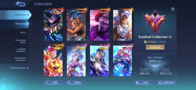 10 years old account with Miya Legend, kof chou, karina, prime and more, Sale, Rank: Legend, Level: 124, Win rate: 47%, Heroes: 133, Skins: 374
