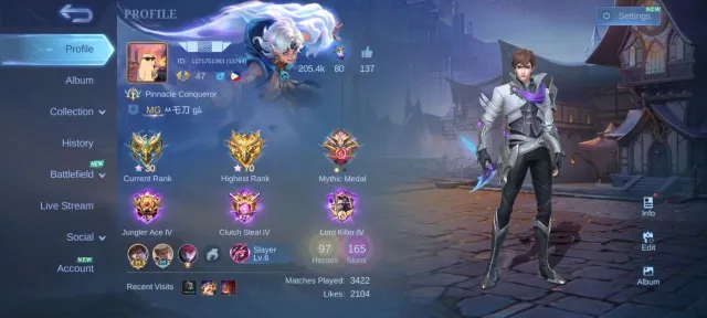 Prime granger KOF Karina deluxe 25 EPIC Roger Karrie Gusion valir Gaara Vale emblem Max, Sale, Rank: Mythic, Level: 47, Winrate: 51%, Heroes: 97, Skins: 165
