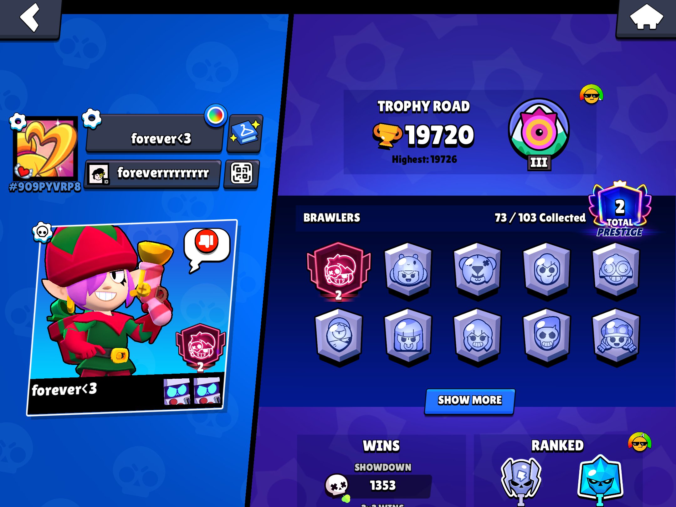 🅰️🩸elf penny🩸🅰️and a lot of cool Old skins 24/7, trophies 19720, brawlers 73, primes 2