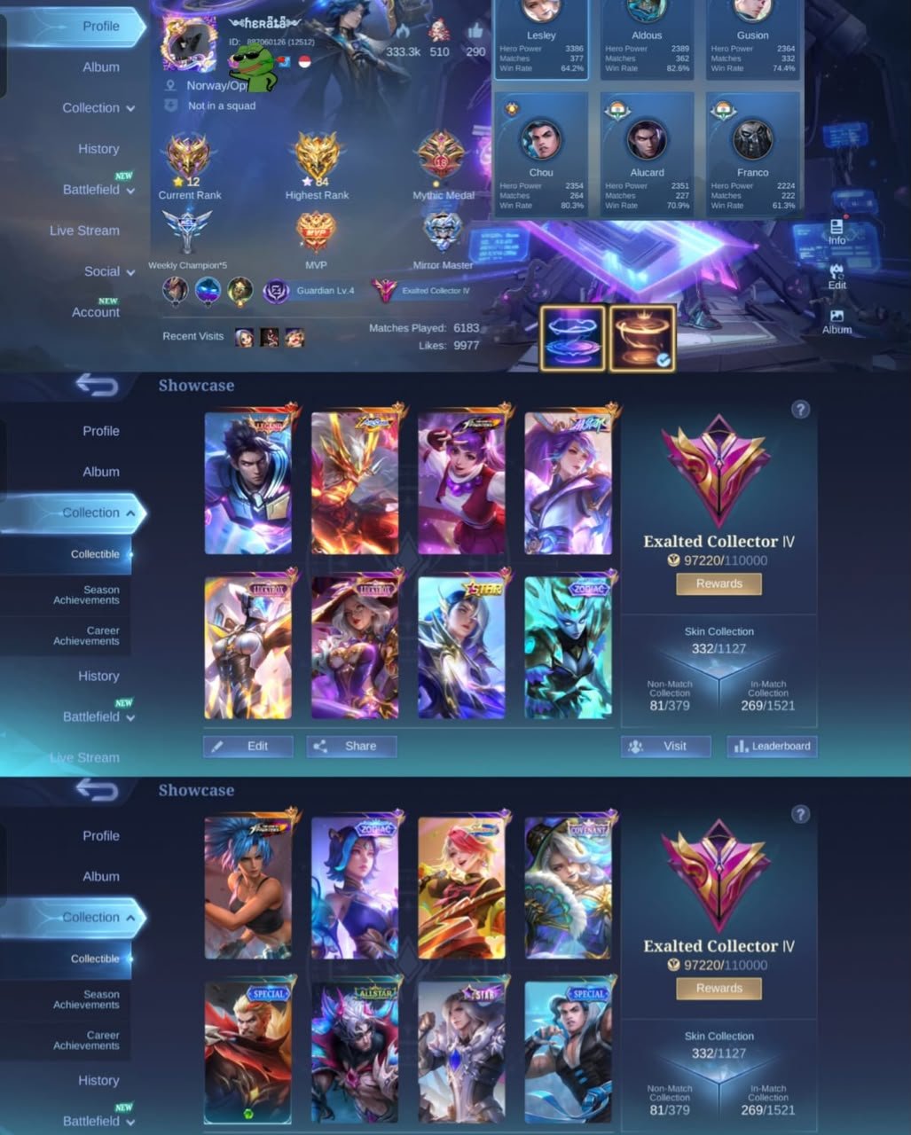 📈 60%–80% Win Rate 👑 Alucard Legend ⭐ Moskov Allstar ⚛️ Miya Atomic Pop 🎯 Lesley Convincent, Sale, Rank: Mythic, Level: 76, Winrate: 60%, Heroes: 133, Skins: 332