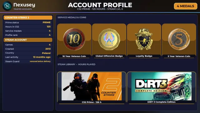 🚀 【CS2 PRIME】 ✨ +4 RARE MEDALS: 10 YEARS · GO · LOYALTY ✨ 2013 | +1 GAME | FULL ACCESS #488EYK, Sale, Inventory empty, PRIME available