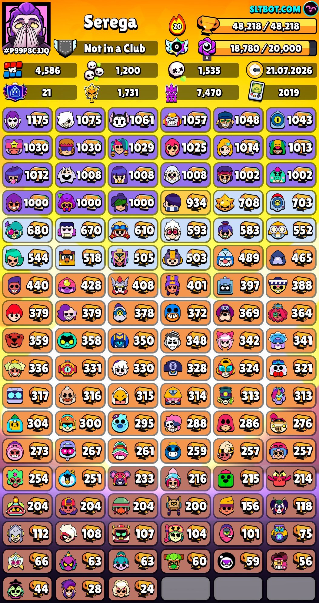 The account was created in 2019 and has many Old skins, trophies 48000, brawlers 105, primes 21
