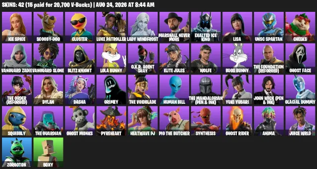 🟣 42 skins · 15 paid ≈ 20,700 V-Bucks 🟣 Lisa, İce Spice, Scooby-Doo, Продажа, скины 42