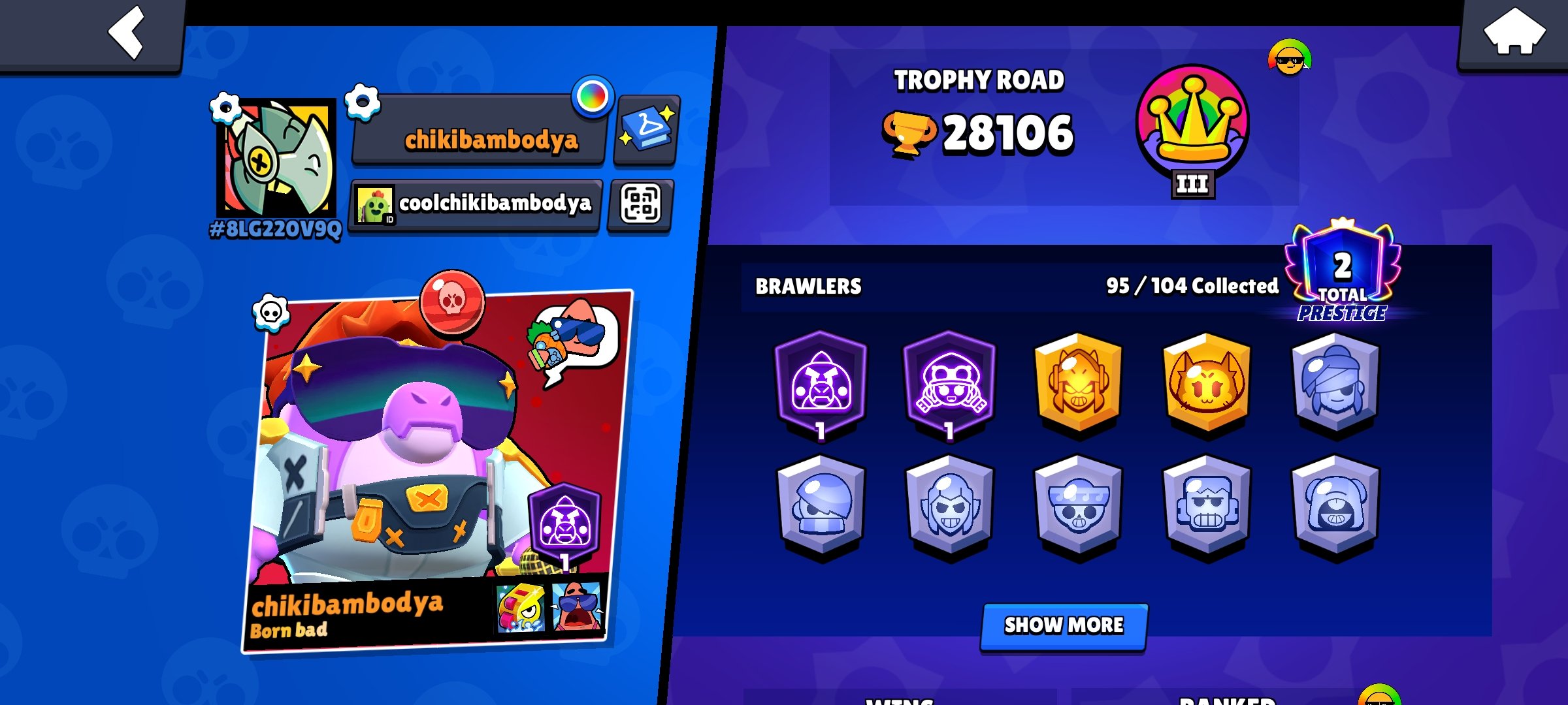 Veteran account, 28k trophies, 2x Prime/Masters, trophies 28106, brawlers 95, primes 2