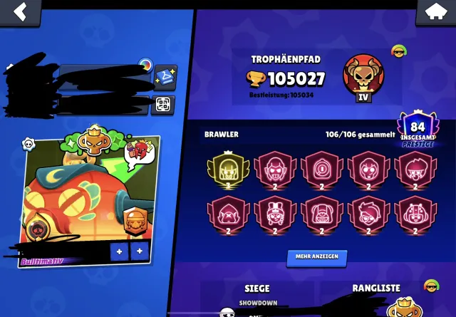 Pro Rank 2x Matcherino Winner, 105027 кубков, 106 бравлеров, 84 праймов
