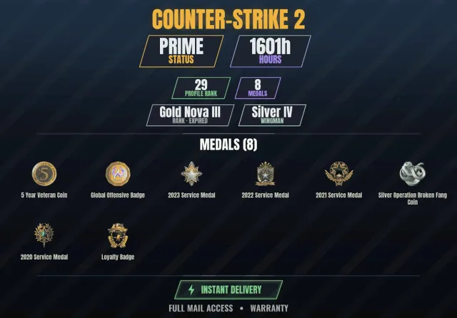 【CS2 Prime🏆1600h🎮8 medals】 Silver coin of the Broken Fang operation, Service medal 2020, 2021, Sale, With inventory, Has PRIME