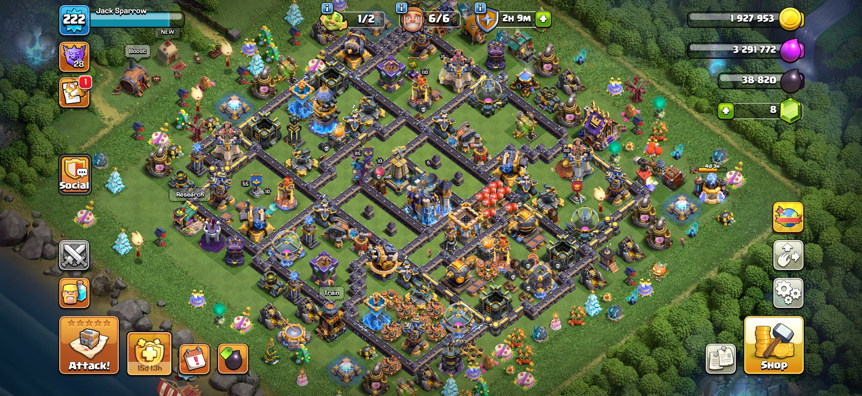 ▣ TH 18 Full Max ▣ 6 Heroes Max ▣ Heroes: 110-110-95-85-55-25 ▣ All 17x Epic Equipment (7x Max, 18 TH Main Village, 10 TH Builder