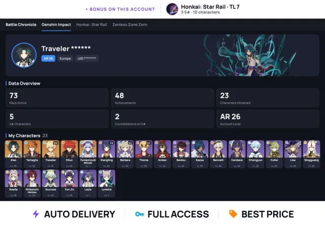 (ALL DEVICES · Europe) ✨ AR 26 ✨ 5 five-star ✨ Xiao + Tartaglia + Traveler C2 + Diluc, Any platform, Email linked, Any, Levelled up, AR 26