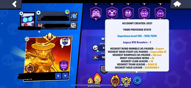 RANK 35 PIN, OLD MASTER, METEOR FAME, rare skins and pins, 95000 кубков, 105 бравлеров