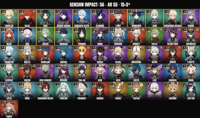 AR 55 ✨ 56 characters 🏆 15 five-stars✨Diluc✨Xiao✨Raiden✨Kamisato, Any platform, Email linked, Any, Levelled up, AR 55