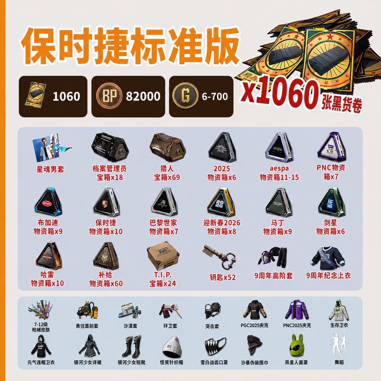 🎫 1060 COUPONS 🎁 210+ CHESTS 🏅 82,000 BP 🗝️ 52 XINGHUN SET 💵 G-Coin keys 🧥: 6-700, No BATTLEGROUNDS Plus