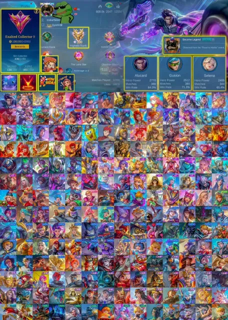 Alucard Legend ⚔️👑 • Lunox Legend 🌙 • Angela Kishin 💖 • Selena Zenith 🌟 • Chou KOF 🥊 • X.Borg Bumble, Продажа, Ранг: Мифический Бессмертный, Уровень: 118, Процент побед: 70%, Герои: 133, Облики: 436