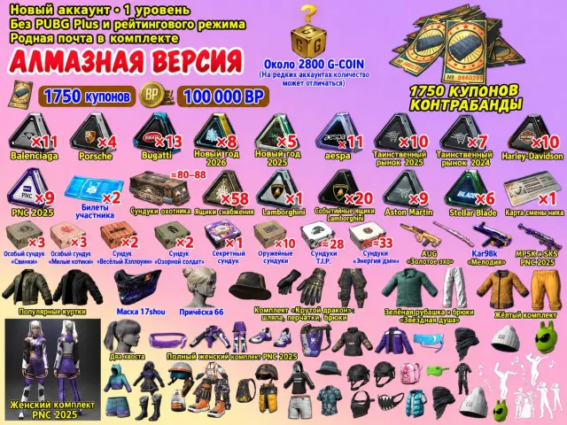 🎫1750 + КУПОНОВ 📦350 +СУНДУКОВ 🪙2800 G-COIN 🔑80 КЛЮЧЕЙ 💰 100 000 BP 👕СКИНЫ, Нет BATTLEGROUNDS Plus