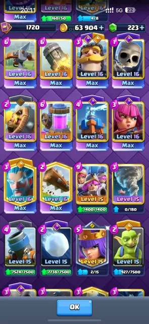 Account, 14+ full cards, 32 arena, level 60, 14000 trophies, 122 cards, 22 legendaries, Available