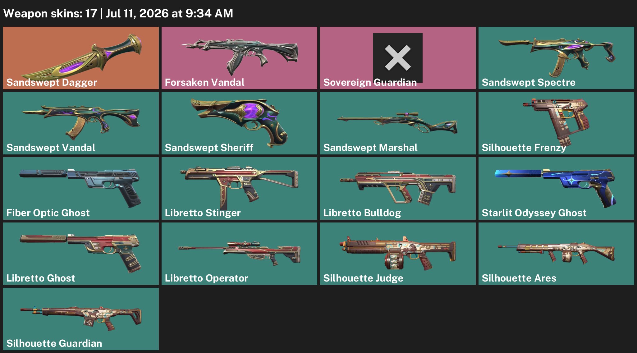 🎀✨BEST PRICE ✨Dagger Sandstorm🎀Vandal Forgotten🕵️Guardian Monarch🕵️AP💎GUARANTEE💎💖WITH MAIL♾️, Sale, Gold 2, Agents: 22, Skins: 17