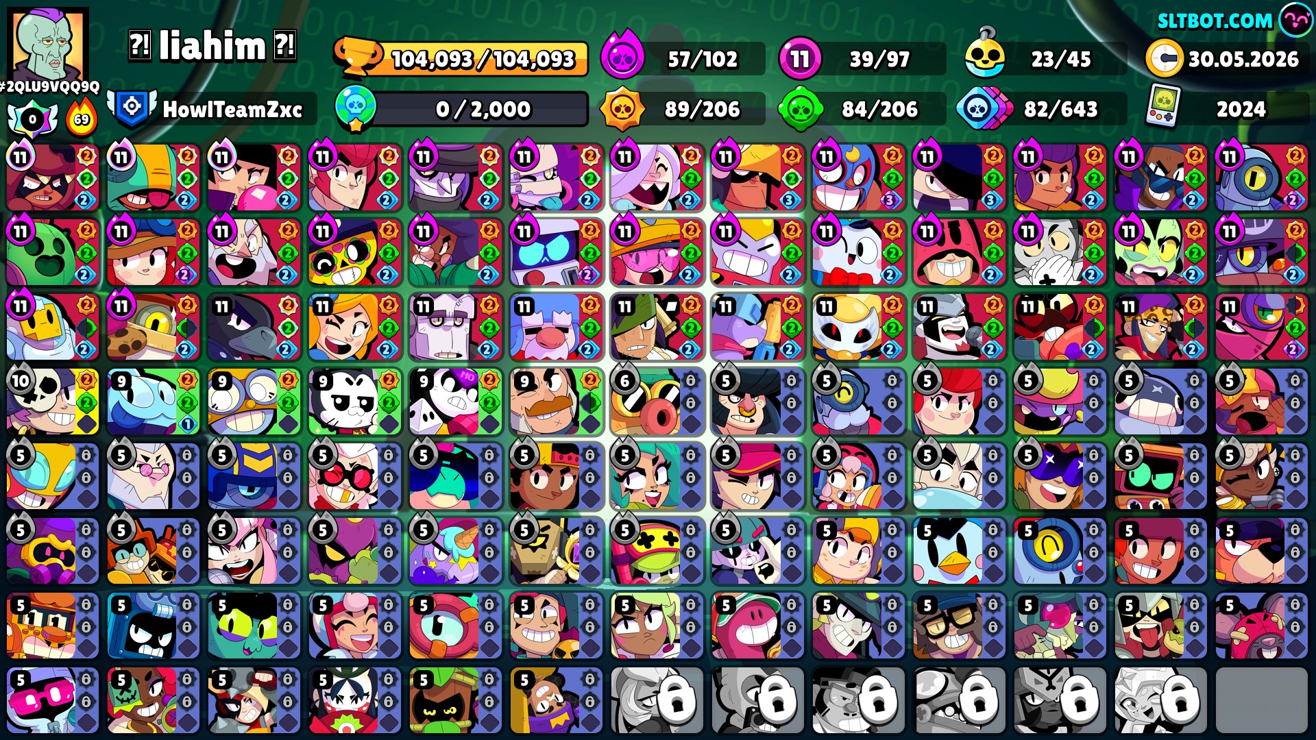 🔥105K cups🔥7 BP+🔥10 myth skins🔥4 leg skins🔥700 gems🔥FREE nickname change🔥, trophies 105000, brawlers 97, primes 100