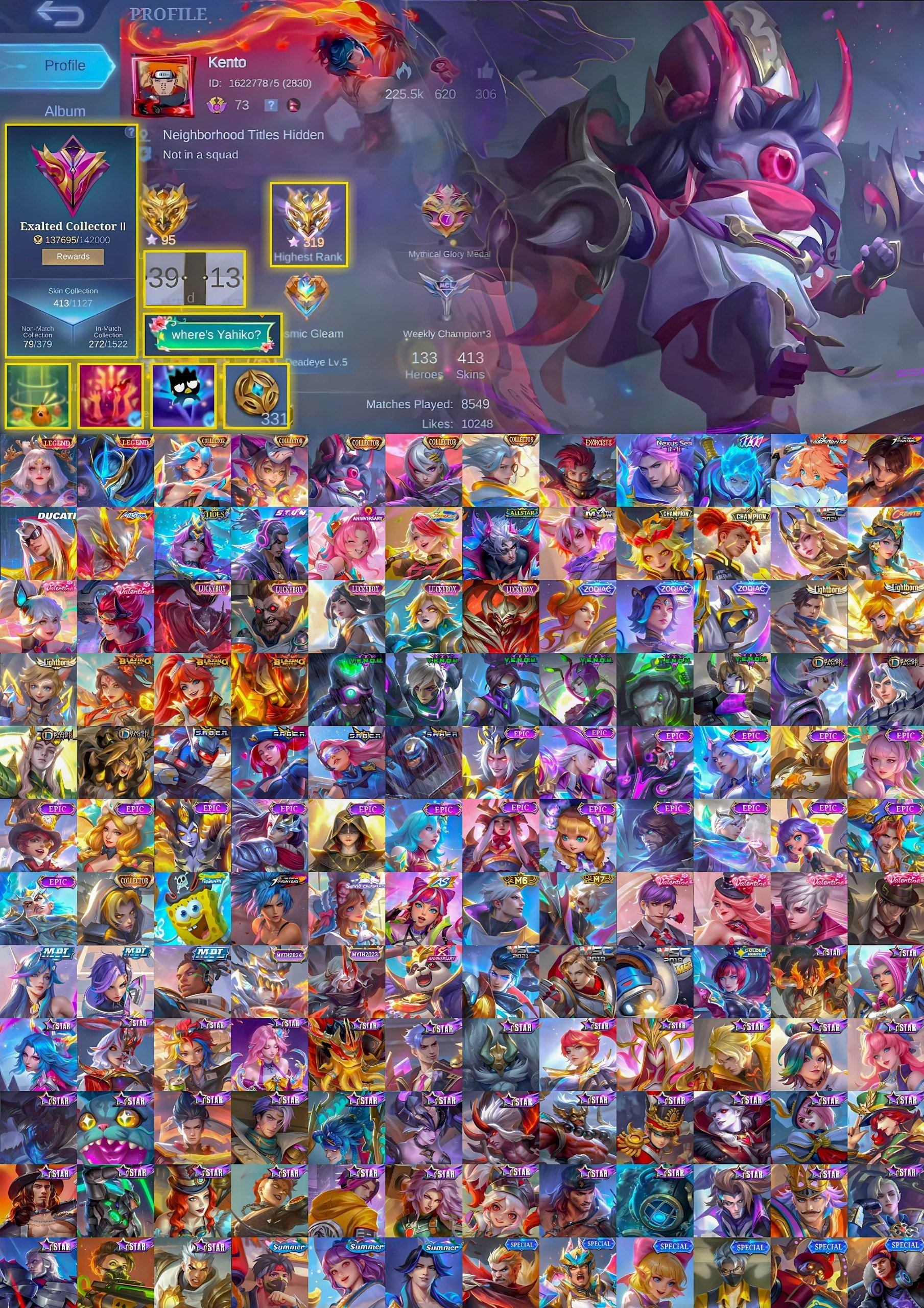 🔥 Collector Kimmy Cyclops Harith Nathan, Exorcist Granger, Graduate Student Fanny, Sale, Rank: Mythical Immortal, Level: 73, Winrate: 58%, Heroes: 133, Skins: 413