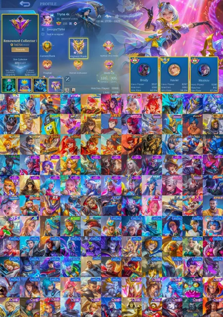 🔥 799 stars in prime, global Xavier, Sparkle Melissa, Stan Brody, Sale, Rank: Mythical Immortal, Level: 155, Winrate: 56%, Heroes: 133, Skins: 305