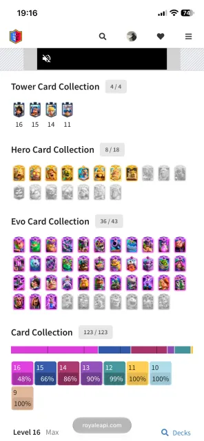 A bunch of metas, absolute champion, 36 evolutions, 8 heroes, 60+ level 16 cards, 32 arena, level 2108, 13500 trophies, 123 cards, No