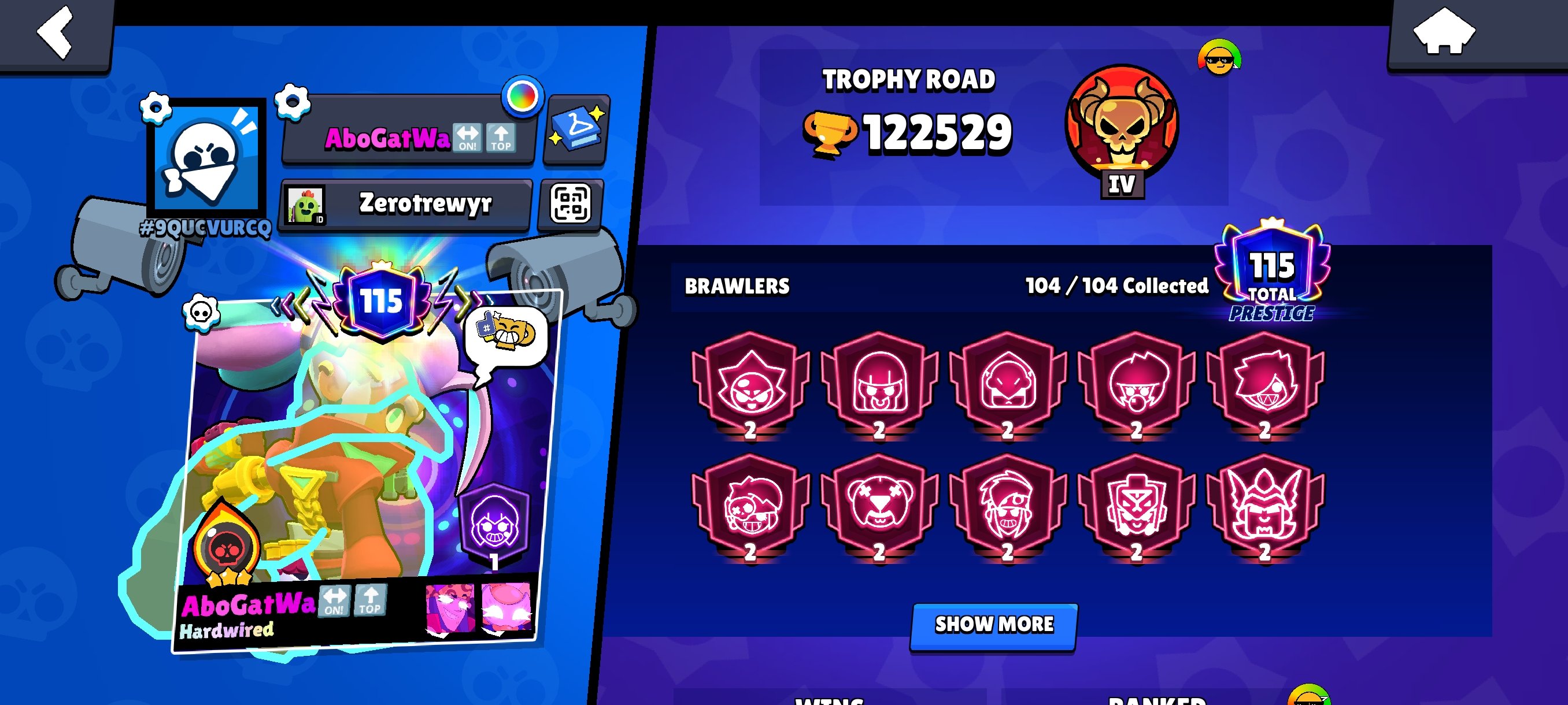 THE BEST ACCOUNT 122k, at a cheap price. METEORIC GLORY 3. HUGE NUMBER OF SKINS. 12BP+❤️, trophies 122000, brawlers 104, primes 115