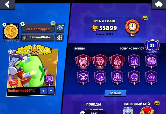 very good account 18028 coins, see description, 55899 trophies, 106 brawlers, 31 primes