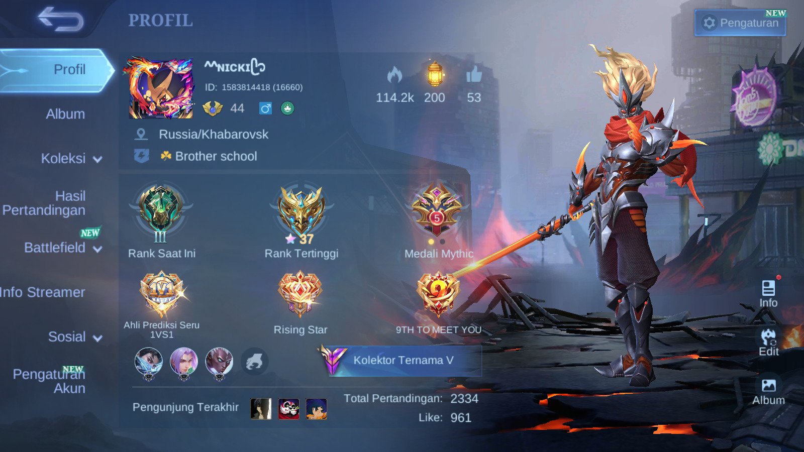 Global|Hero 78|Skin 194|Lucbox Johnson|5STAR Hayabusa|Lunar Sun|Zodiac Helcurt|M7 Granger| ML1107B, Sale, Rank: Epic, Level: 44, Winrate: 57%, Heroes: 78, Skins: 194