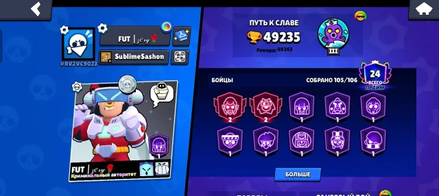 top account for your money, 49235 trophies, 105 brawlers, 24 primes