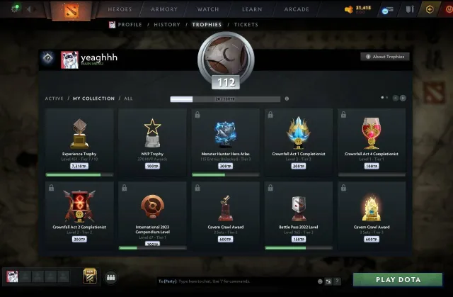 inventory worth 30k + 112 trophies, 7 arcana, a bunch of collector rare sets, Sale, 600 MMR, 11401 honor, 8353 politeness, 6090 matches, 6838 hours