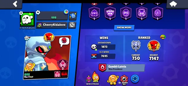 a lot of skins with Brawl Pass +, 40000 trophies, 104 brawlers, 2 primes