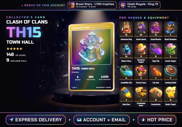 👑 ANDROID • IOS ✧ COC TH15 • 395 WAR STARS ✧ BK 56, AQ 60, GW 33, RC 5, MP 30 ✧ + BS 1,700 TROPHIES, 15 TH Home Village