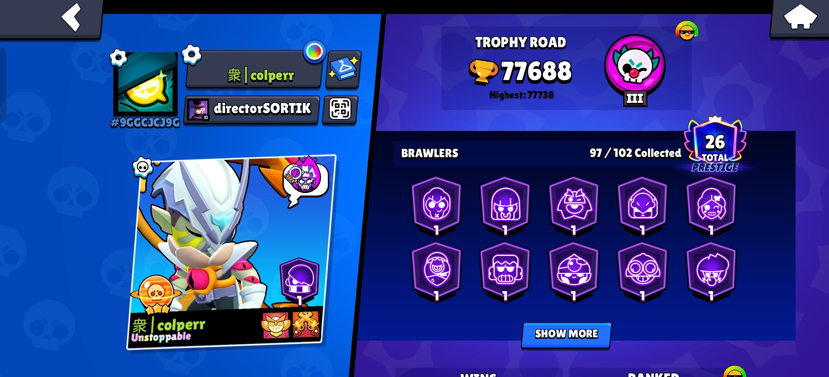 🏆𝟕𝟖𝟎𝟎𝟎🏆🀄PRO PASS🀄❤️🔥DUSTIN + ELEVEN + HOPPER❤️🔥🔮PIRATE POCO + CARL🔮🏅MECHA MANDY + PUMPING🏅, trophies 77680, brawlers 97, primes 26