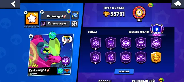 fat Brawl Stars account almost fully upgraded, 55791 trophies, 102 brawlers, 9 primes