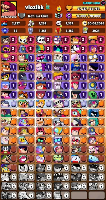 2500 miko 67k trophies, 67727 trophies, 86 brawlers, 55 primes