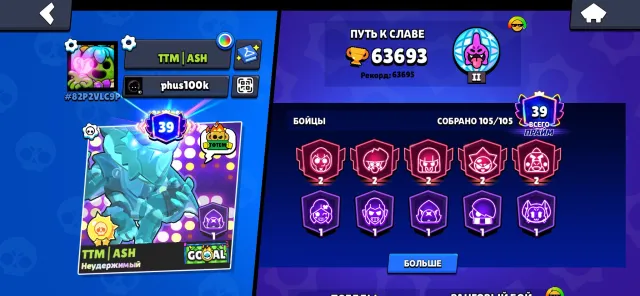 The first thing I thought of when I saw this was the fact that the first thing, trophies 63693, brawlers 105, primes 39