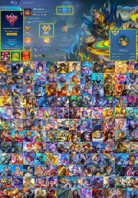 Grenger legend alu legend aldous col suska chou satima gus 11.11 kagura kof thamuz lof roger prime, Продажа, Ранг: Мифический, Уровень: 112, Процент побед: 50%, Герои: 100, Облики: 344