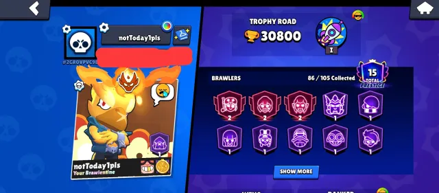 🏆| MASTER | Had 2 brawl passes | 18 (11 power) | Many exclusive skins and pins! Everything in the screenshots., 30800 trophies, 86 brawlers, 15 primes