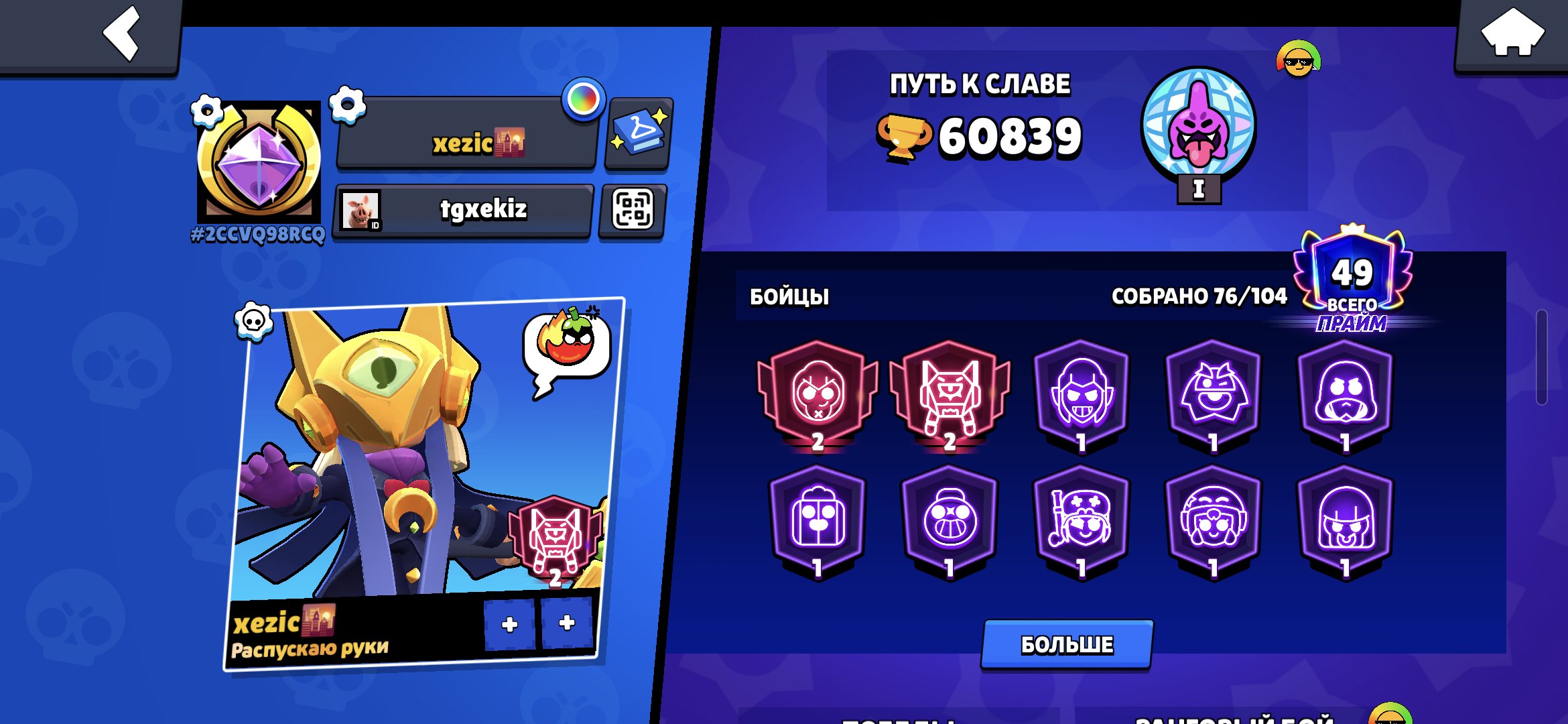 Account created in 2025, trophies 60839, brawlers 76, primes 49