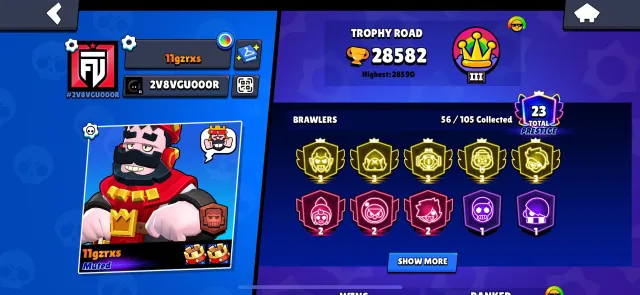 😍😍😍OFFERED PRICE😍😍😍RED KING FRANK ALL PINS FROM SUPERSELL REWARDS😍😍😍, 29000 trophies, 56 brawlers, 23 primes